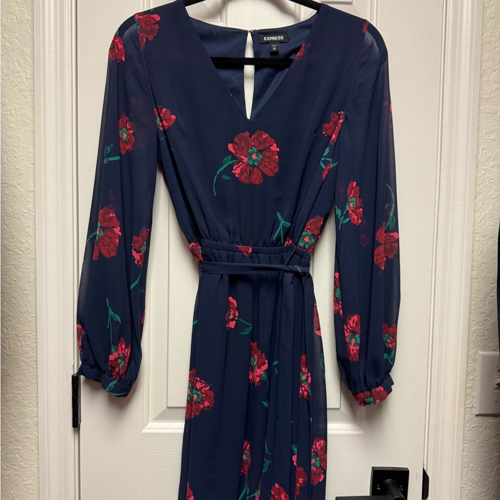 Express Navy Dress with Red Floral Pattern